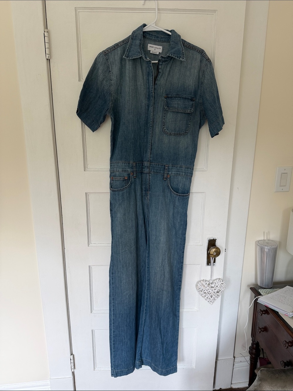 Denim Short-Sleeve Jumpsuit in Medium Blue